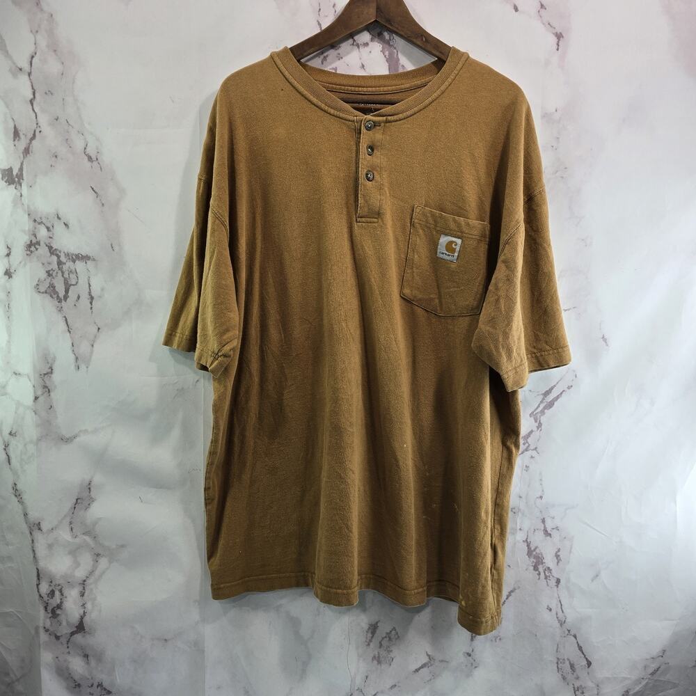 Carhartt T Shirt Mens Large Brown Pocket Henley Short Sleeve Button Tan Tee